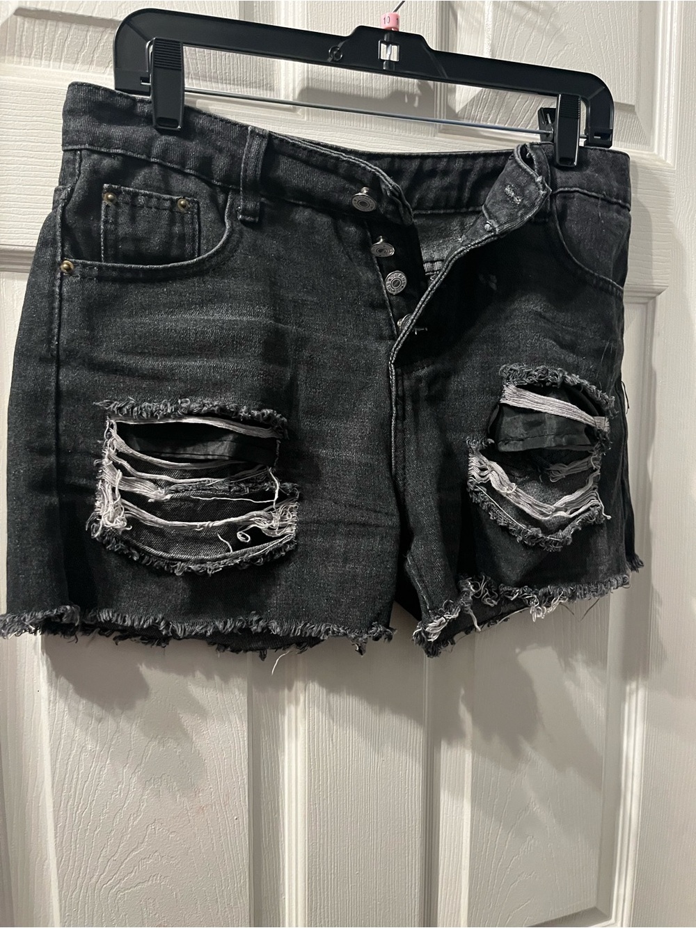 High-Rise Distressed Black Denim Shorts